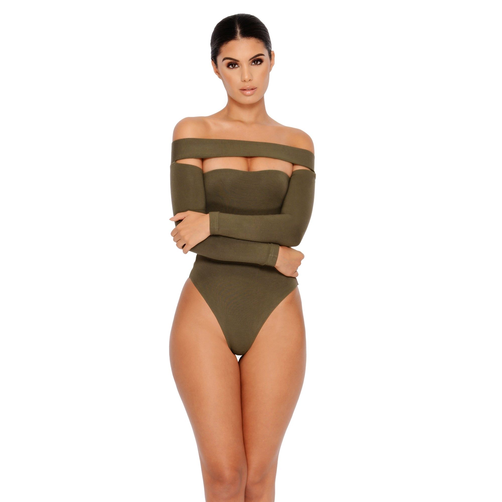 Strip Down Off The Shoulder Bardot Bodysuit in Khaki sold by Oh Polly product image thumbnail 5