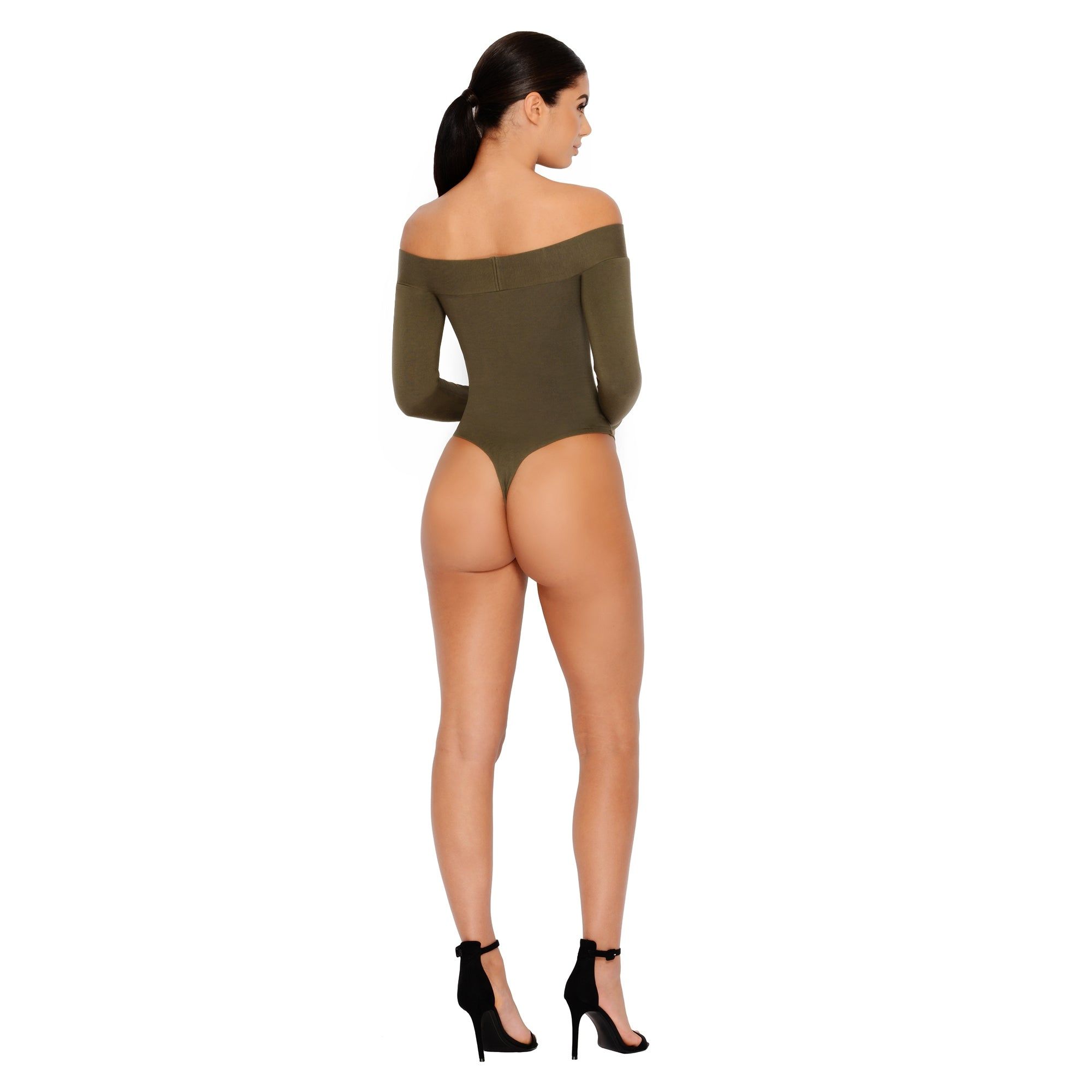 Strip Down Off The Shoulder Bardot Bodysuit in Khaki sold by Oh Polly product image thumbnail 4