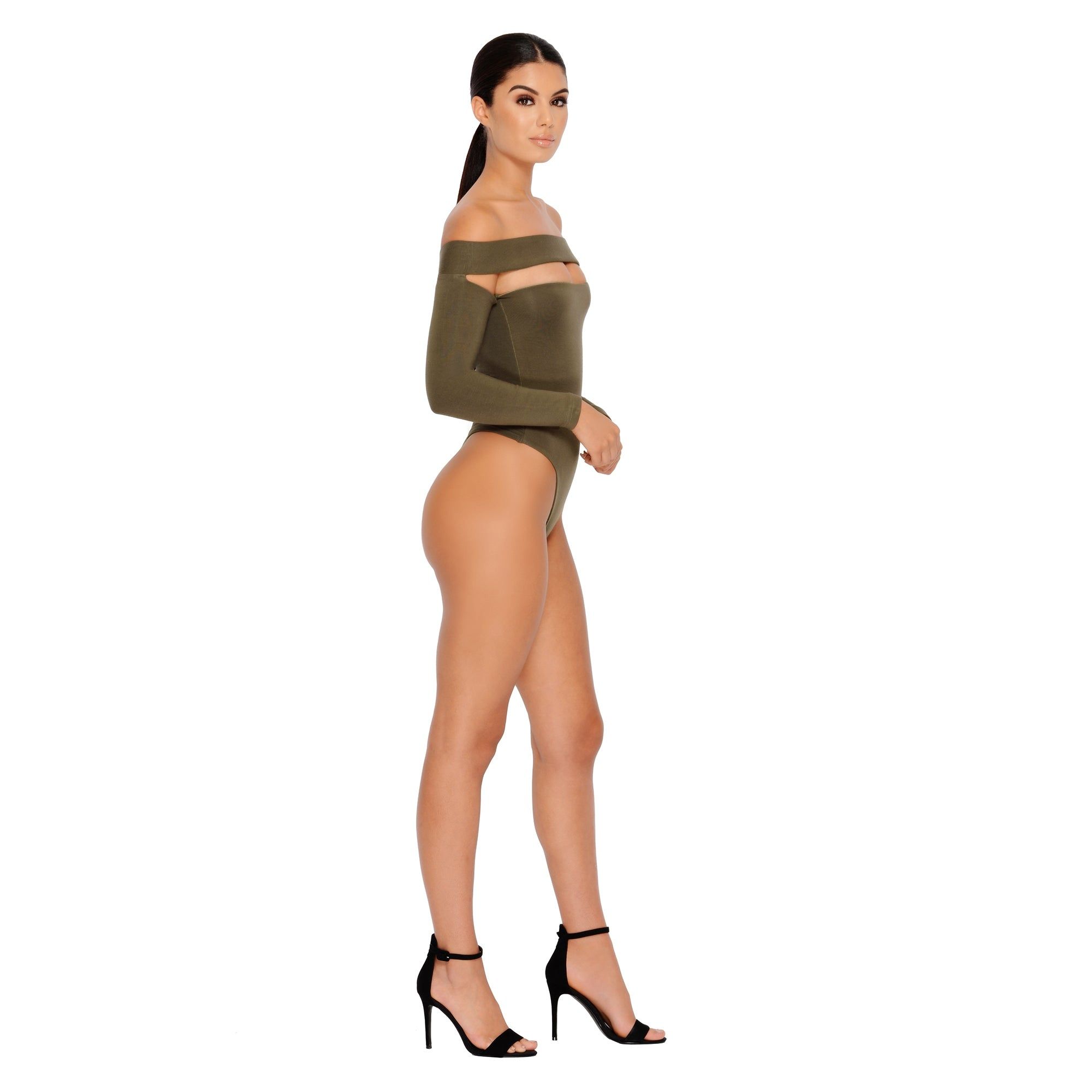 Strip Down Off The Shoulder Bardot Bodysuit in Khaki sold by Oh Polly product image thumbnail 2