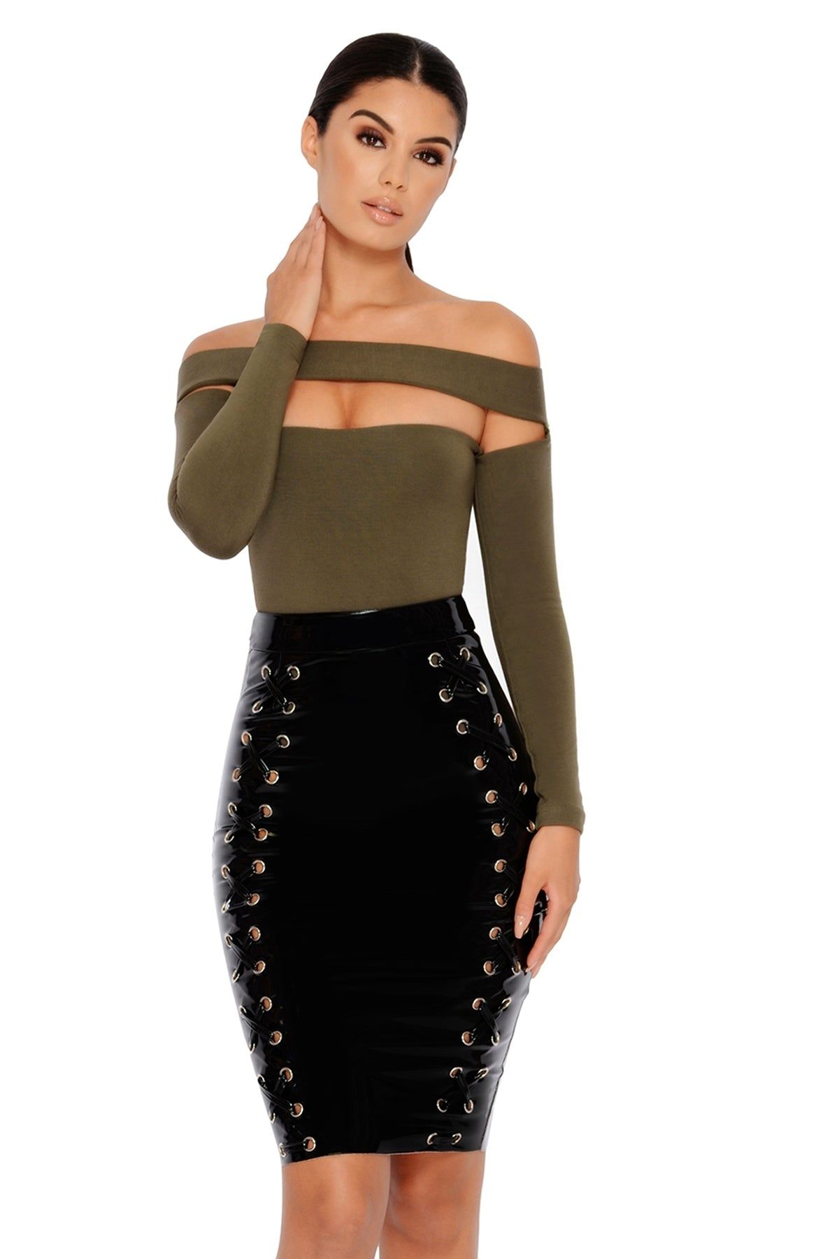 Strip Down Off The Shoulder Bardot Bodysuit in Khaki sold by Oh Polly product image thumbnail 9