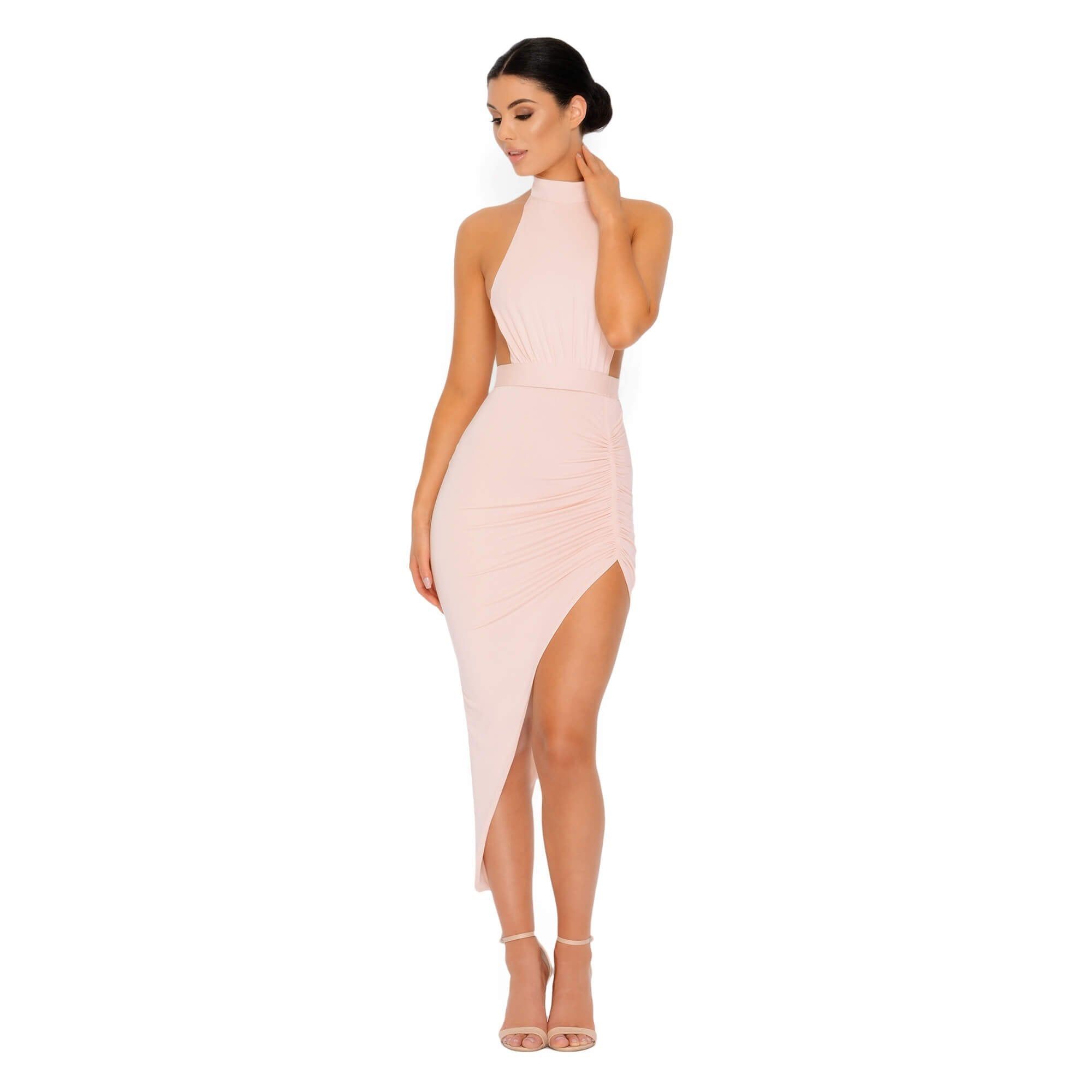 Eyes On The Thighs Halter Neck Asymmetric Midi Dress in Blush sold by Oh Polly product image thumbnail 4