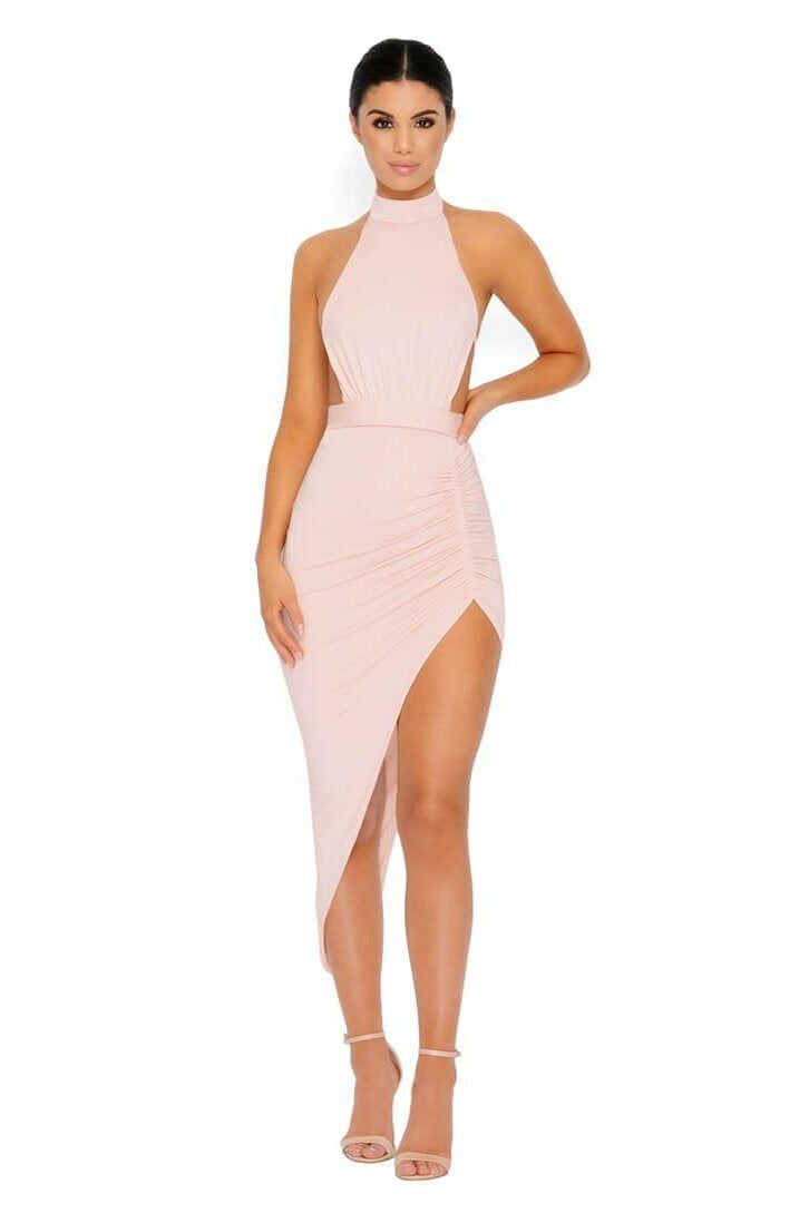Eyes On The Thighs Halter Neck Asymmetric Midi Dress in Blush sold by Oh Polly product image thumbnail 10