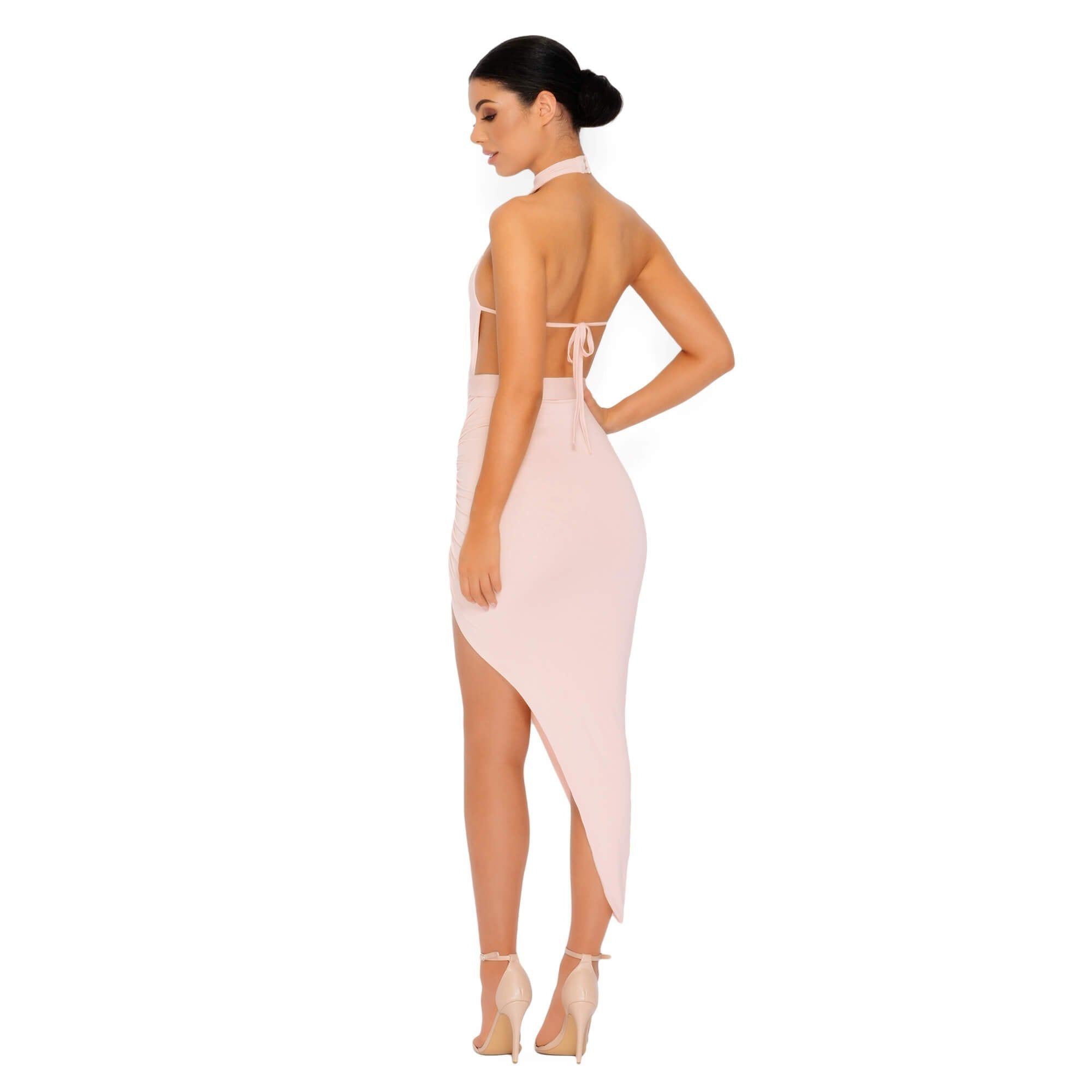 Eyes On The Thighs Halter Neck Asymmetric Midi Dress in Blush sold by Oh Polly product image thumbnail 7