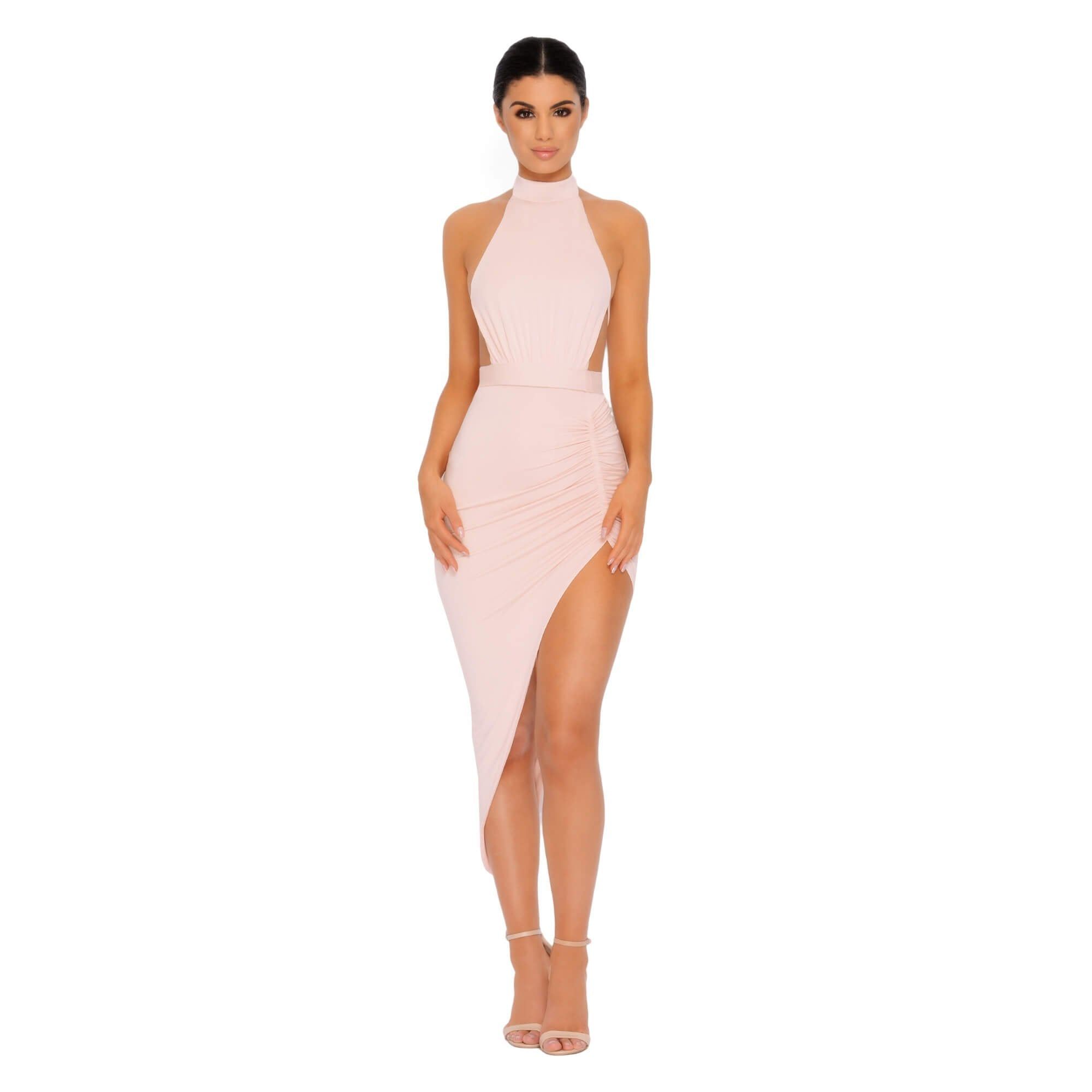 Eyes On The Thighs Halter Neck Asymmetric Midi Dress in Blush sold by Oh Polly product image thumbnail 3