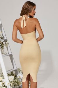Halter Lace Up Ruched Midi Dress in Cream sold by Oh Polly