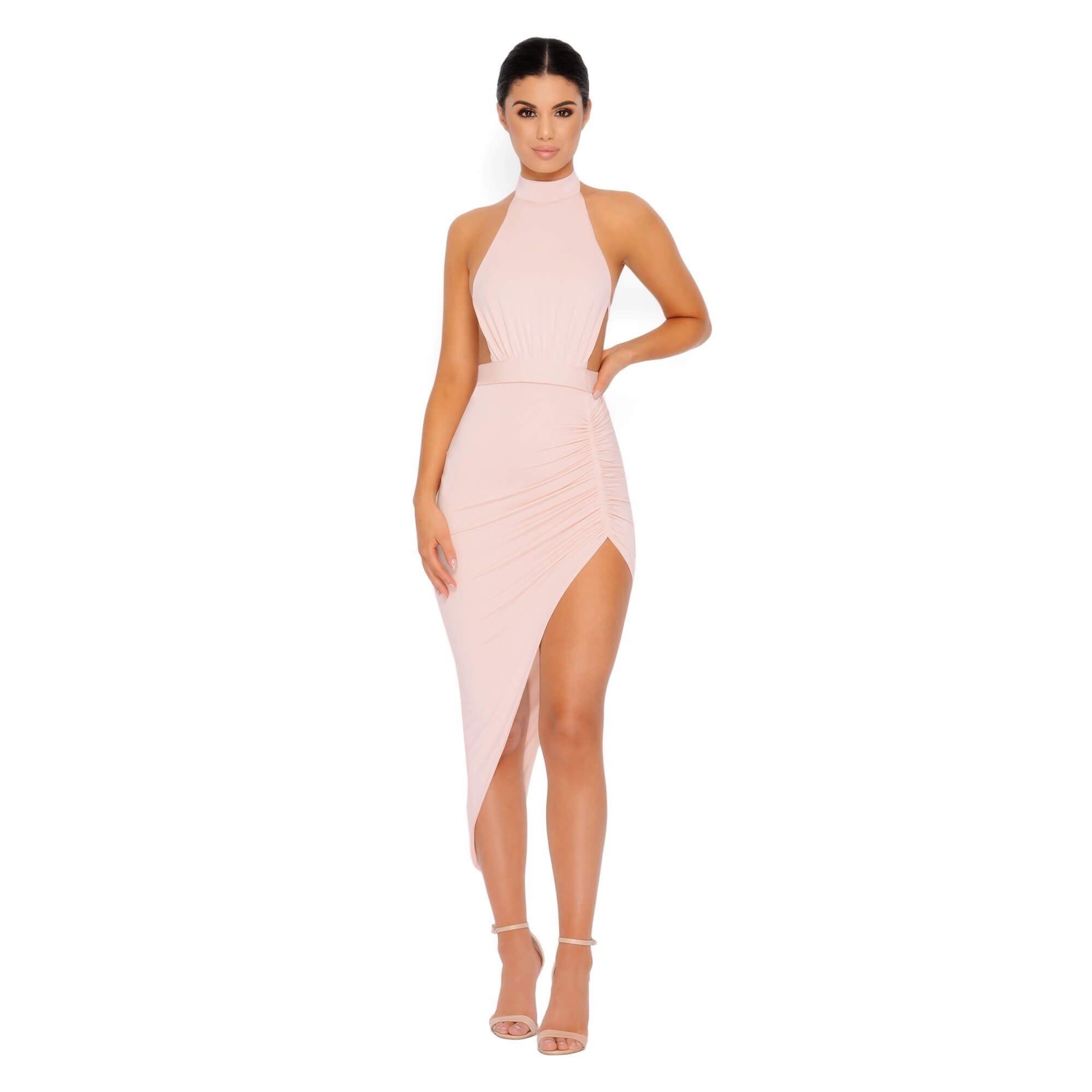Eyes On The Thighs Halter Neck Asymmetric Midi Dress in Blush sold by Oh Polly product image thumbnail 2