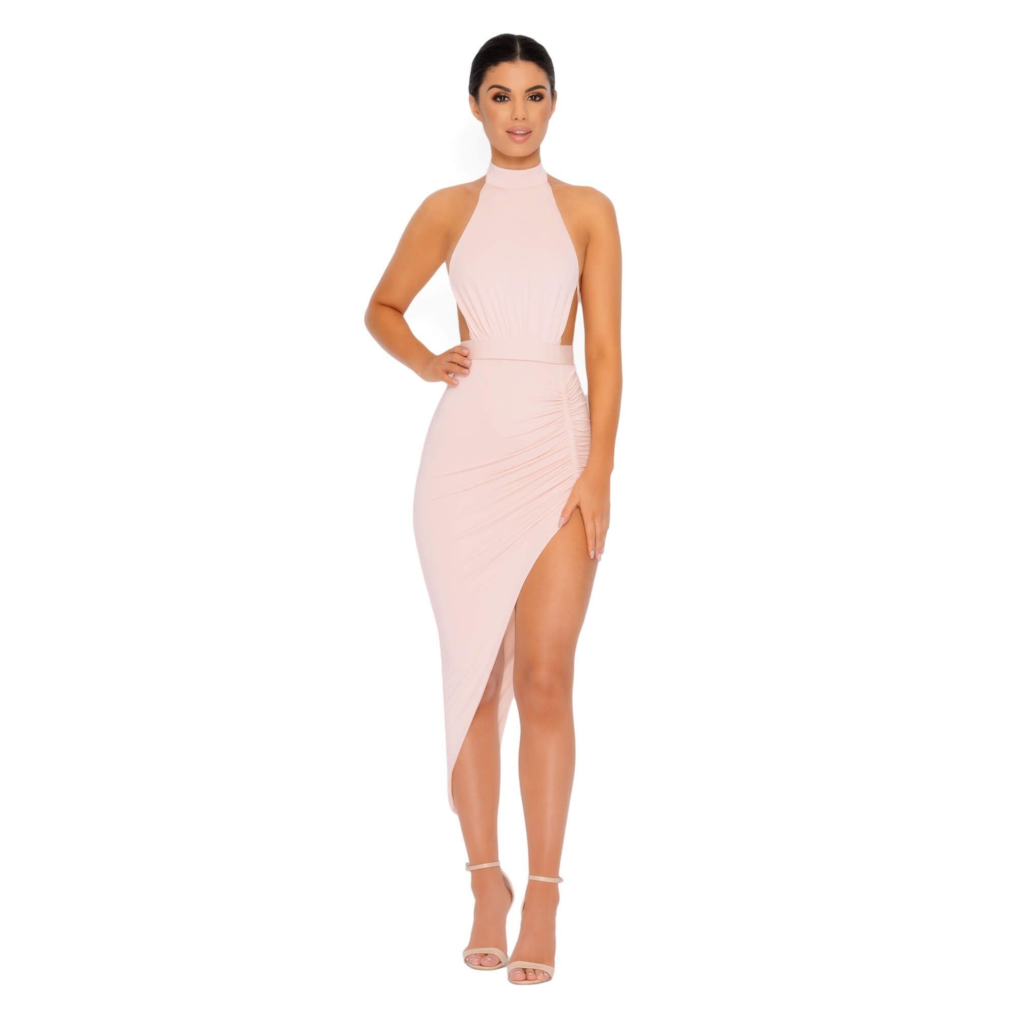 Eyes On The Thighs Halter Neck Asymmetric Midi Dress in Blush sold by Oh Polly