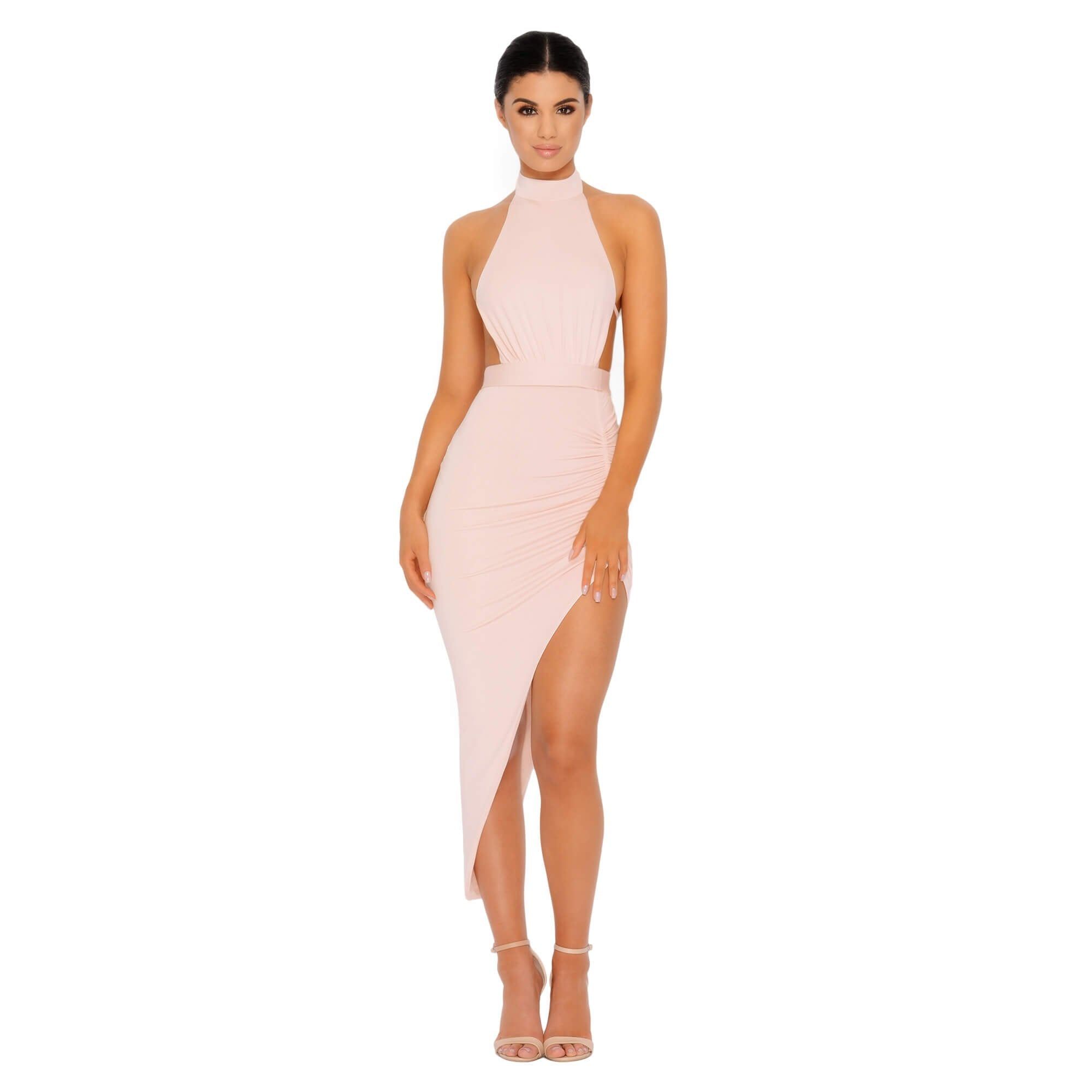 Eyes On The Thighs Halter Neck Asymmetric Midi Dress in Blush sold by Oh Polly product image thumbnail 5