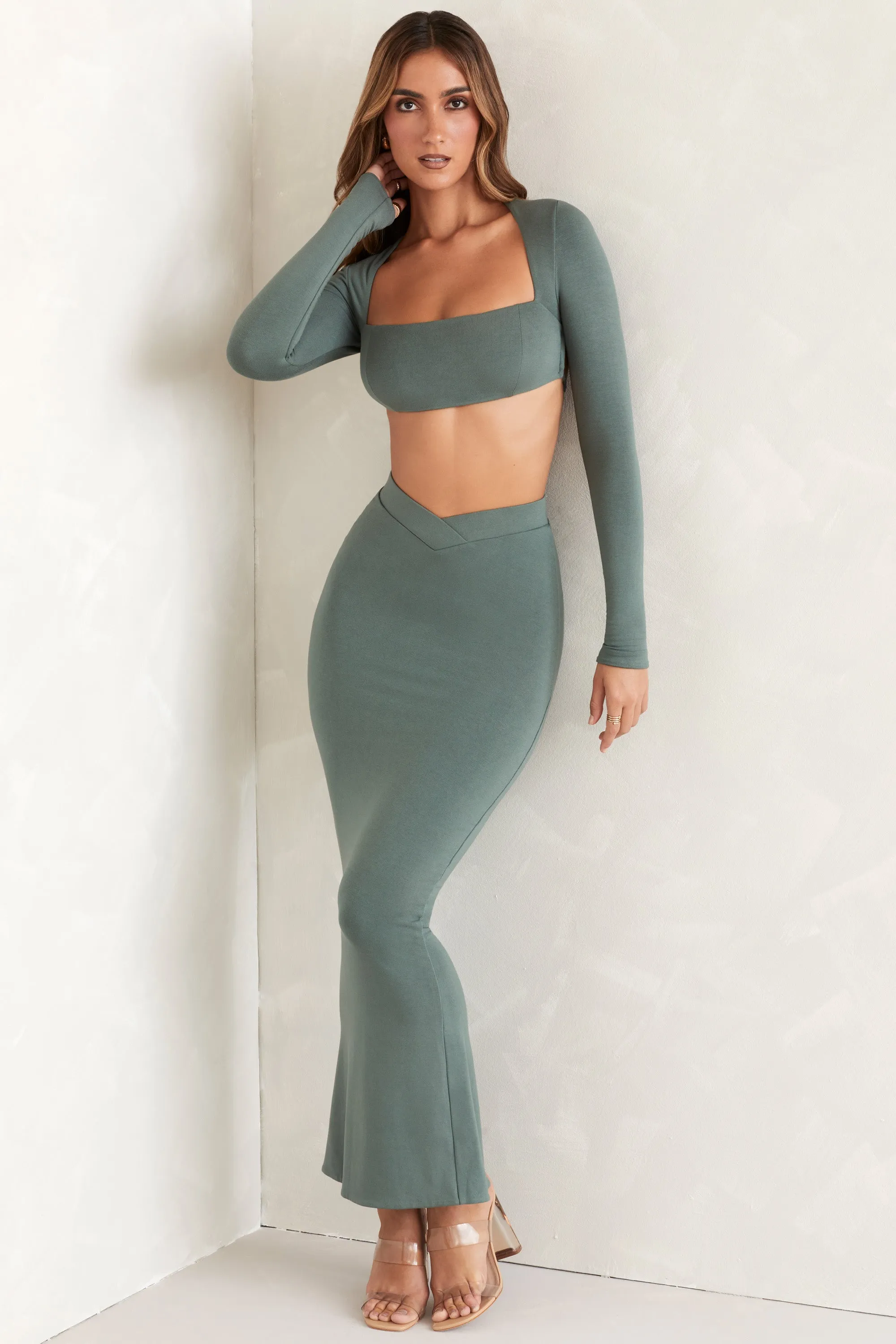 Flared Hem Maxi Skirt in Green sold by Oh Polly