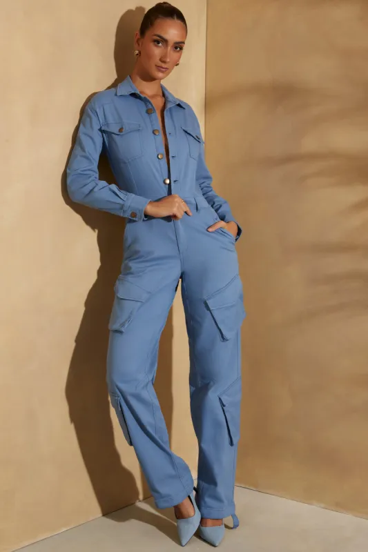 Wide Leg Long Sleeve Cargo Jumpsuit in Dark Blue made by Oh Polly