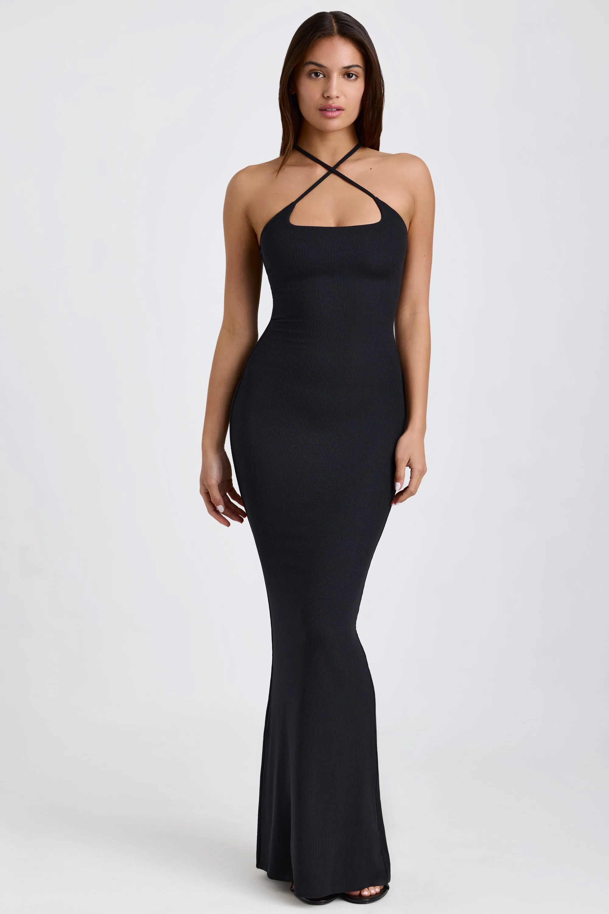 Ribbed Modal Halterneck Maxi Dress in Black sold by Oh Polly