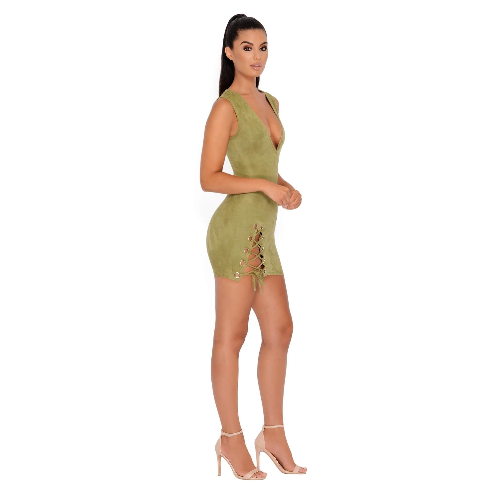Thigh And Mighty Plunge Suede Mini Dress in Olive sold by Oh Polly product image thumbnail 5