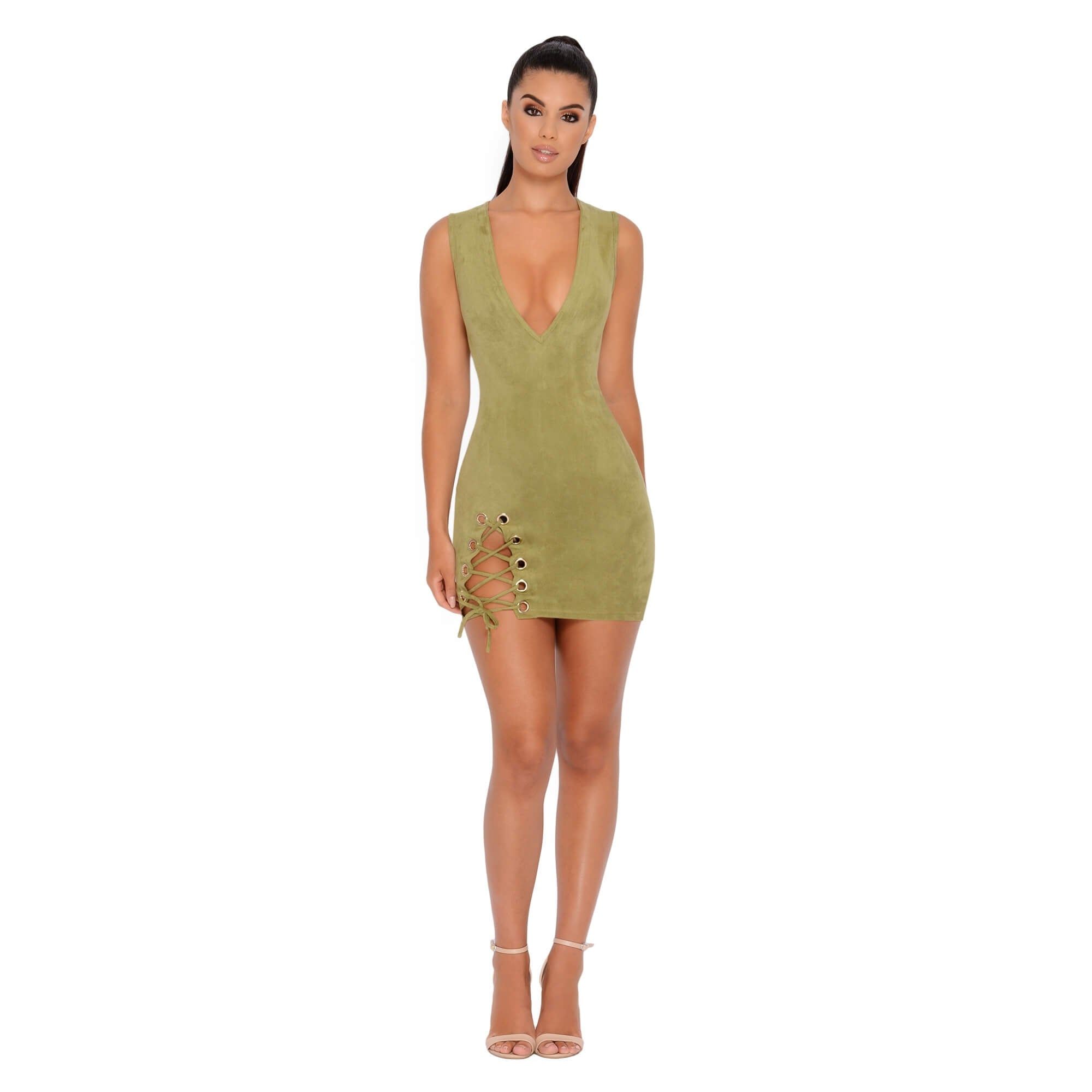 Thigh And Mighty Plunge Suede Mini Dress in Olive sold by Oh Polly