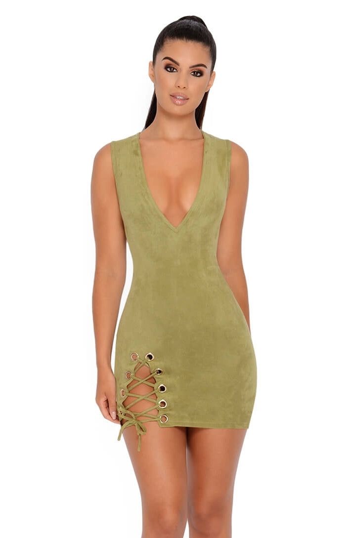 Thigh And Mighty Plunge Suede Mini Dress in Olive sold by Oh Polly product image thumbnail 10