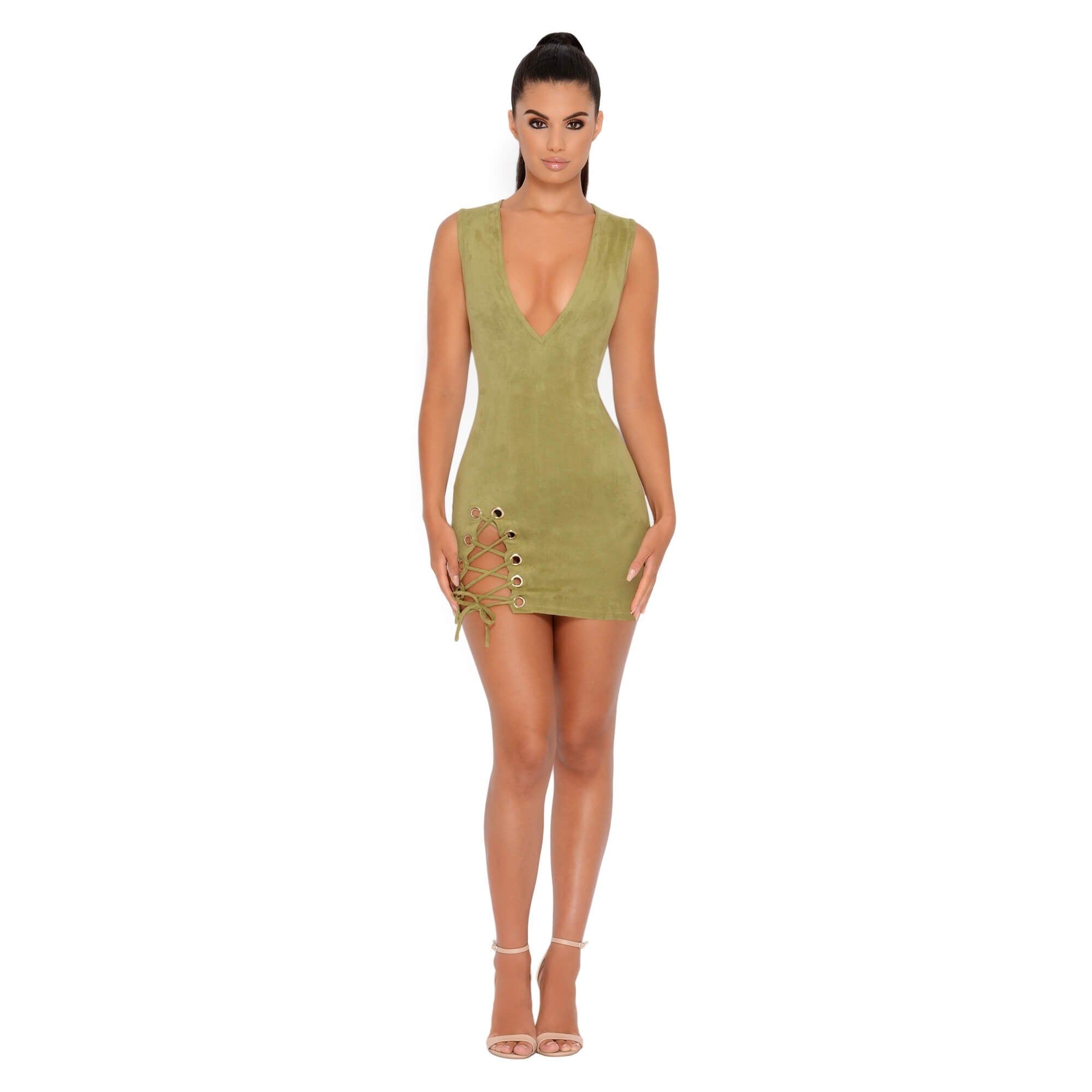 Thigh And Mighty Plunge Suede Mini Dress in Olive sold by Oh Polly product image thumbnail 3
