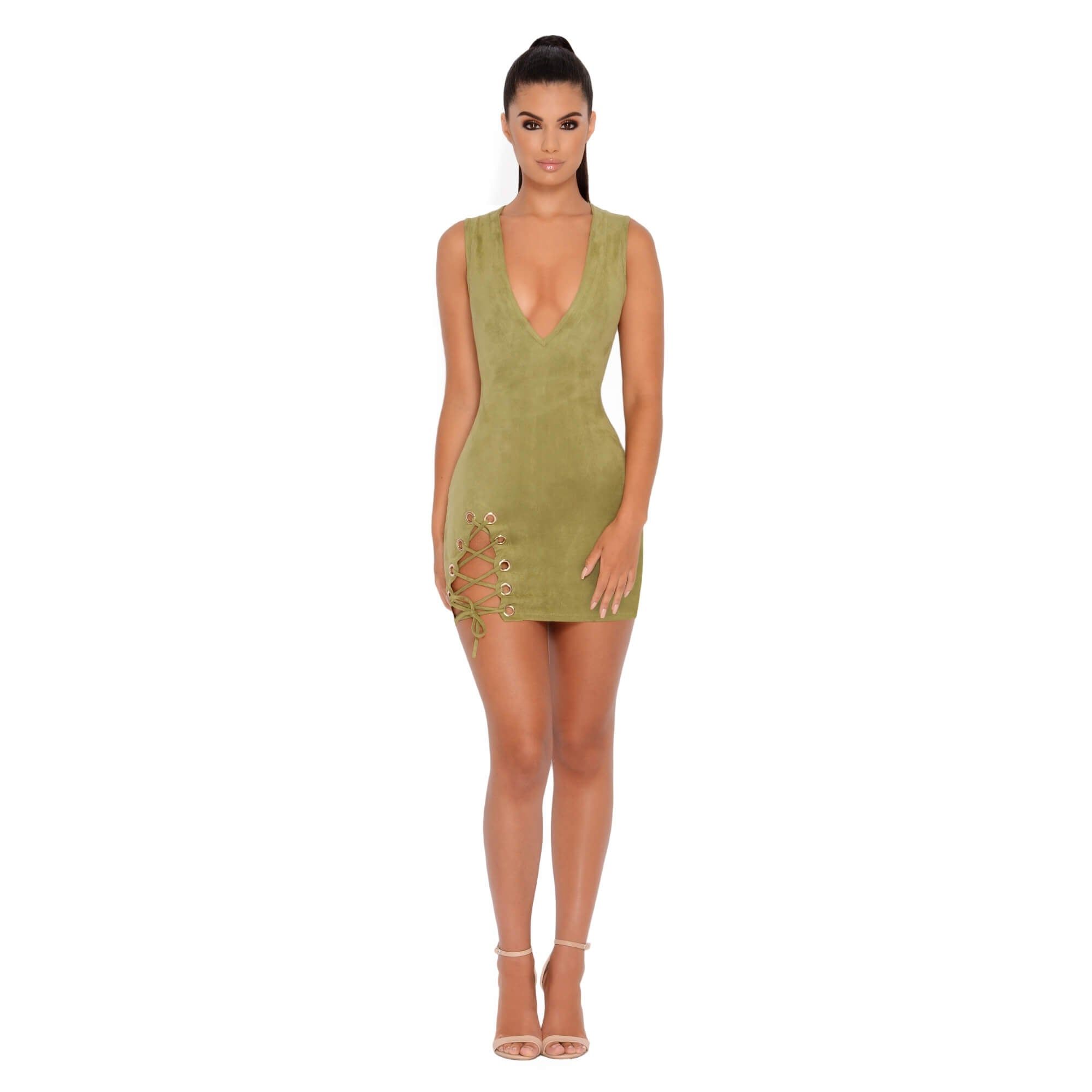 Thigh And Mighty Plunge Suede Mini Dress in Olive sold by Oh Polly product image thumbnail 11