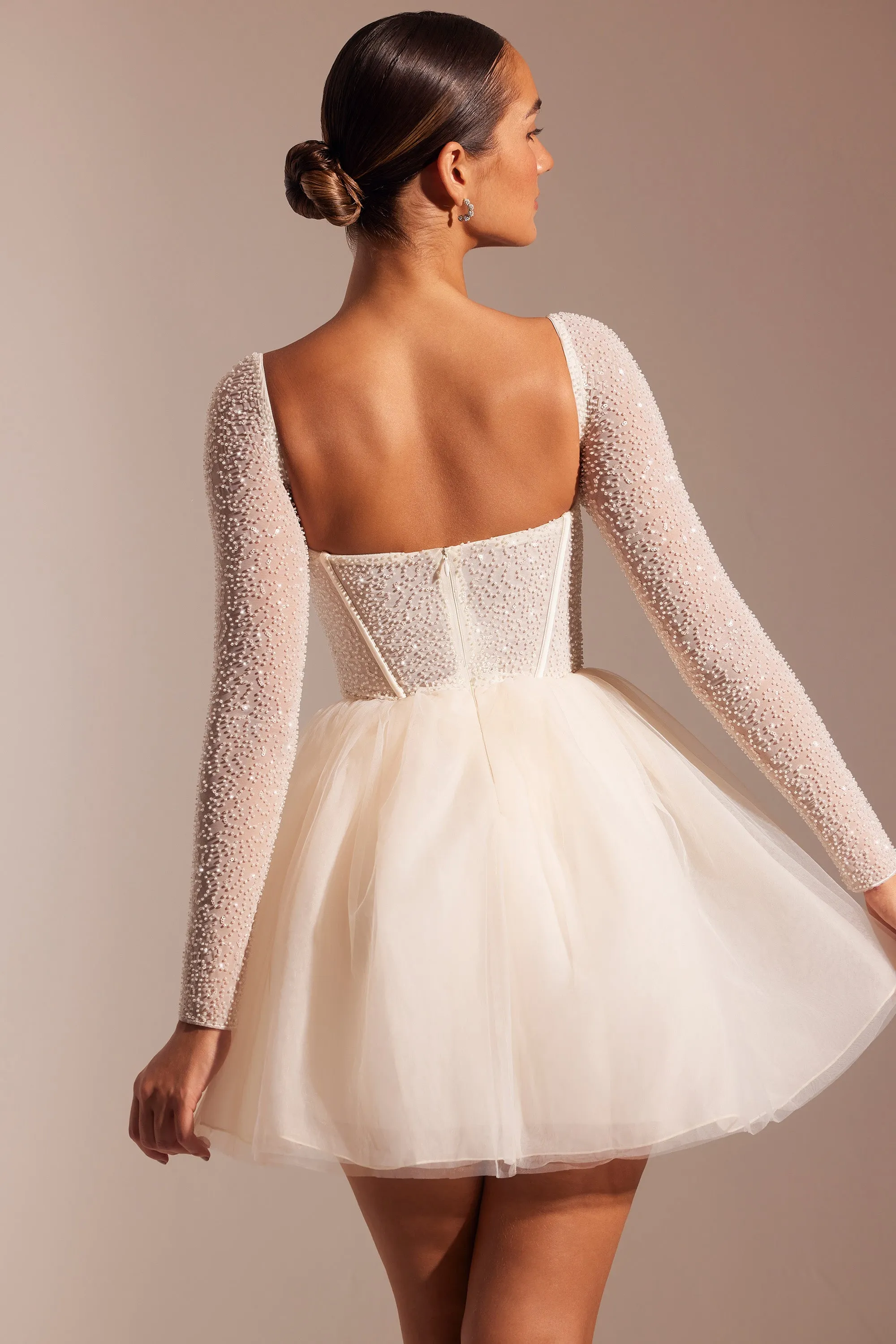 embellished long sleeve tulle skirt mini dress in ivory AL:4324