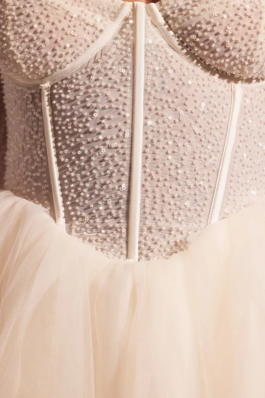 embellished long sleeve tulle skirt mini dress Off-White Embellished Tulle Mini Dress K24371