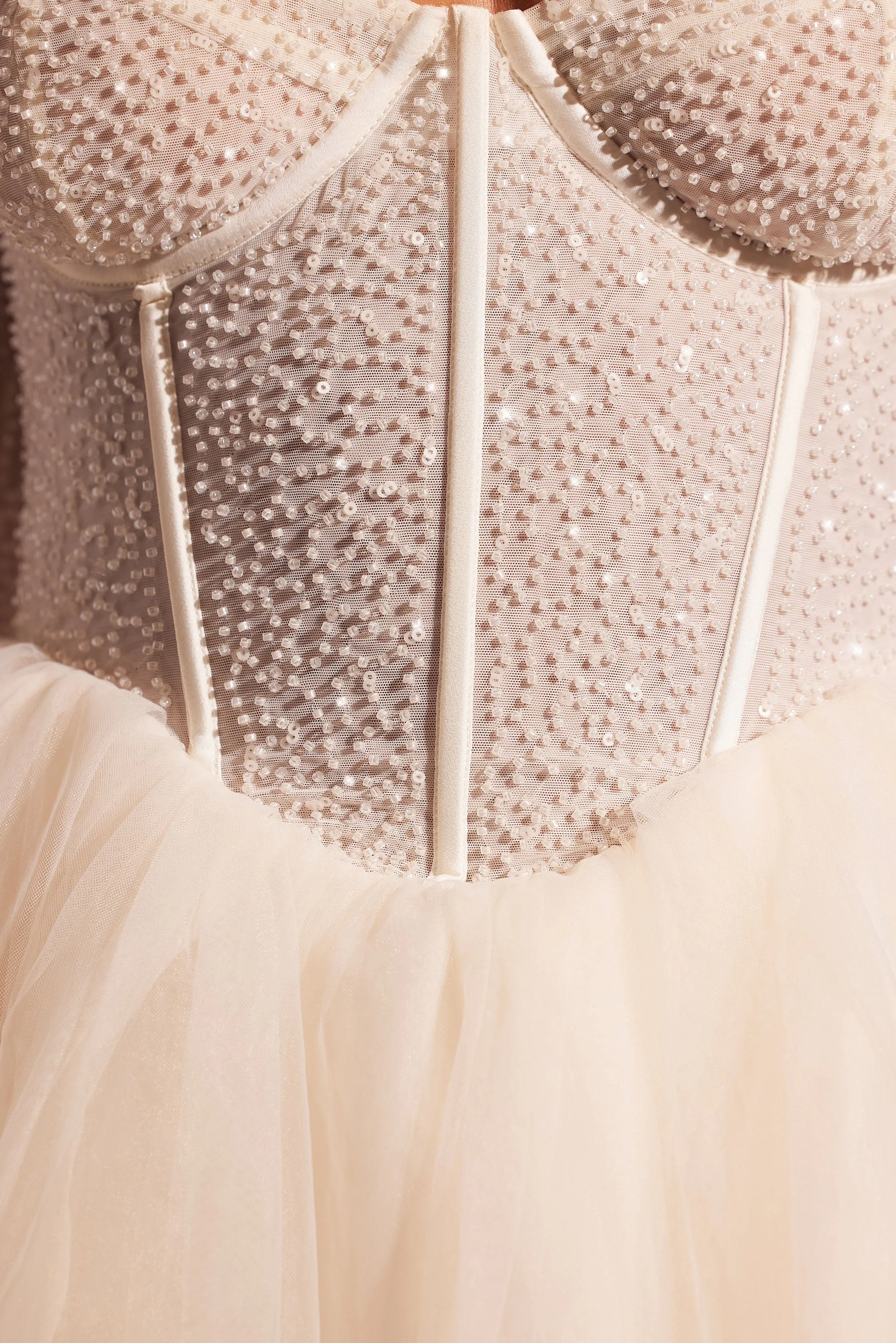 Embellished Long Sleeve Tulle Skirt Mini Dress in Ivory | Parallel