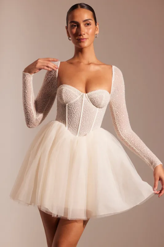 Embellished Long Sleeve Tulle Skirt Mini Dress in Ivory sold by Oh Polly