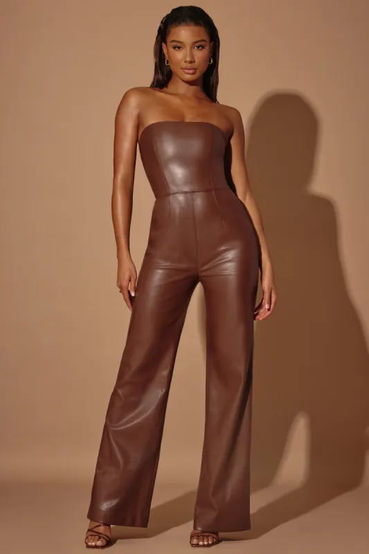 Strapless Wide Leg Vegan Leather Jumpsuit in Brown sold by Oh Polly