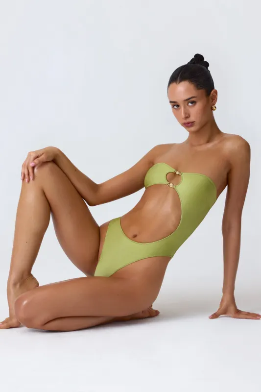 Embellished Cut-Out Bandeau Swimsuit in Pear Green sold by Oh Polly