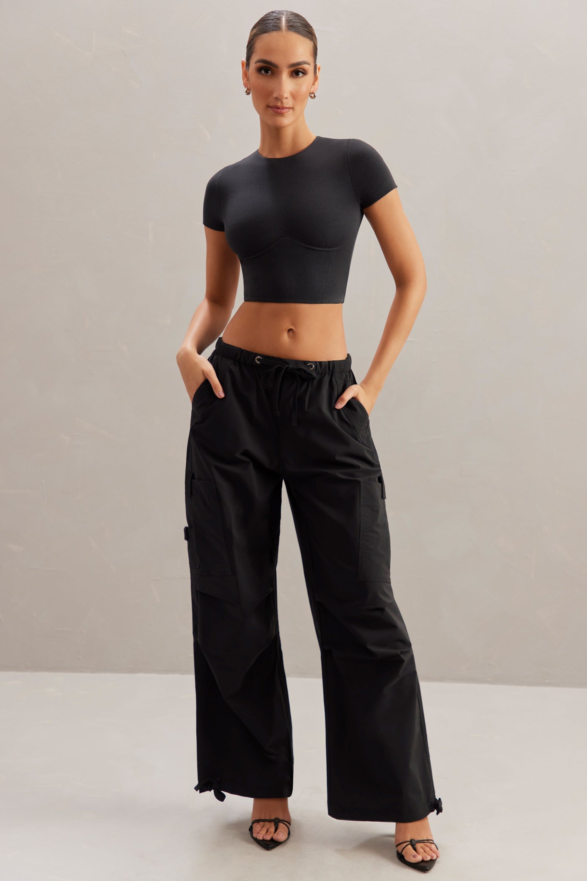 Tall Wide Leg Cargo Trousers in Black sold by Oh Polly