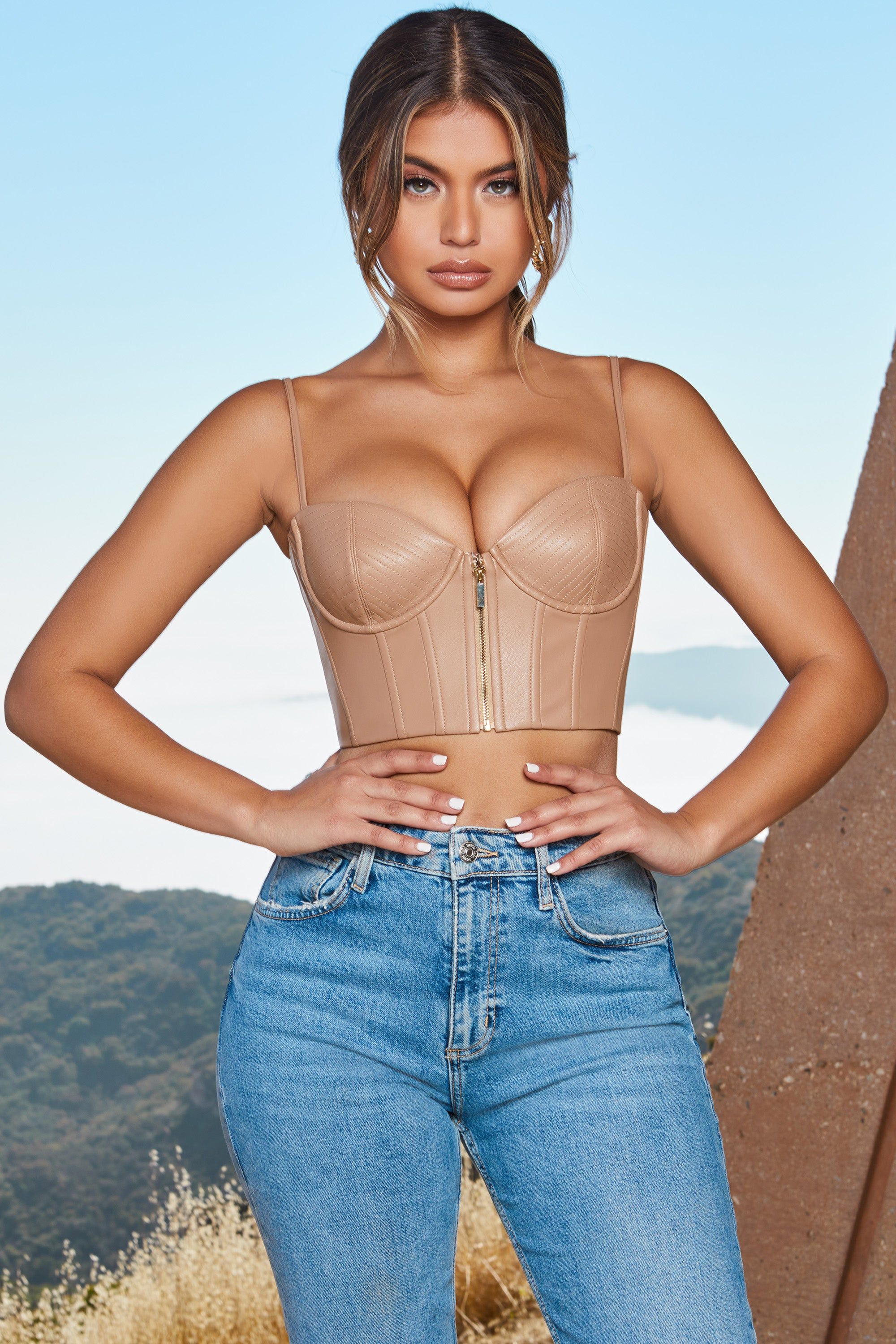 Zip Into Shape Faux Leather Underwired Bustier Crop Top in Stone sold by Oh Polly product image thumbnail 4