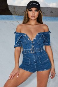 Let’s Play Belted Denim Playsuit in Blue sold by Oh Polly