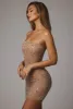 Sheer Embellished Bodycon Mini Dress in Almond sold by Oh Polly