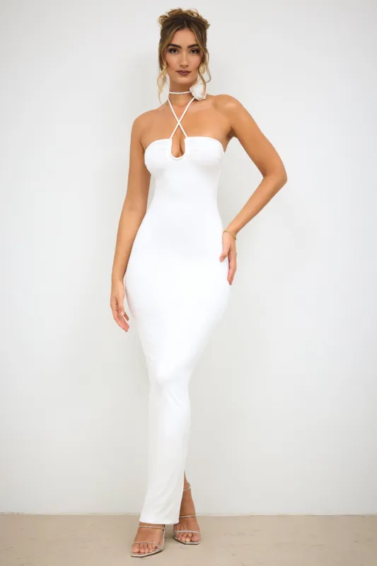 Slinky Jersey Rose Detail Halter Neck Maxi Dress in White sold by Oh Polly