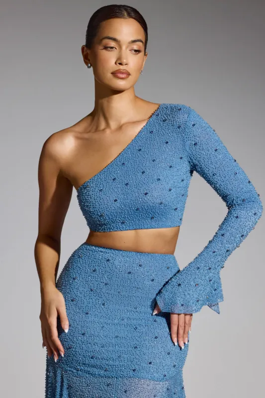 Embellished One Shoulder Top in Smokey Blue sold by Oh Polly