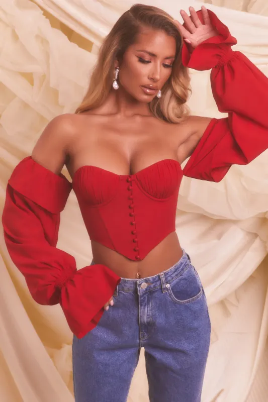 Chasing Love Bardot Long Sleeve Crop Top in Red made by Oh Polly