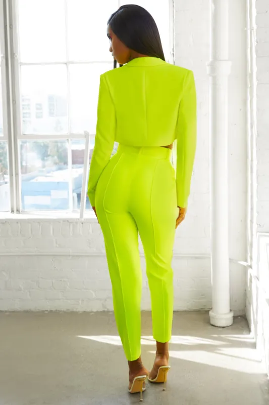 Bossy High Waisted Trousers in Neon Yellow sold by Oh Polly