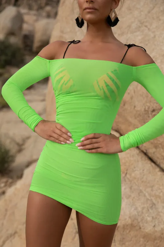 Overboard Off The Shoulder Mesh Bodycon Cover Up Dress in Neon Green sold by Oh Polly