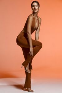 Petite Plunge Neck Cut Out Jumpsuit in Brown sold by Oh Polly