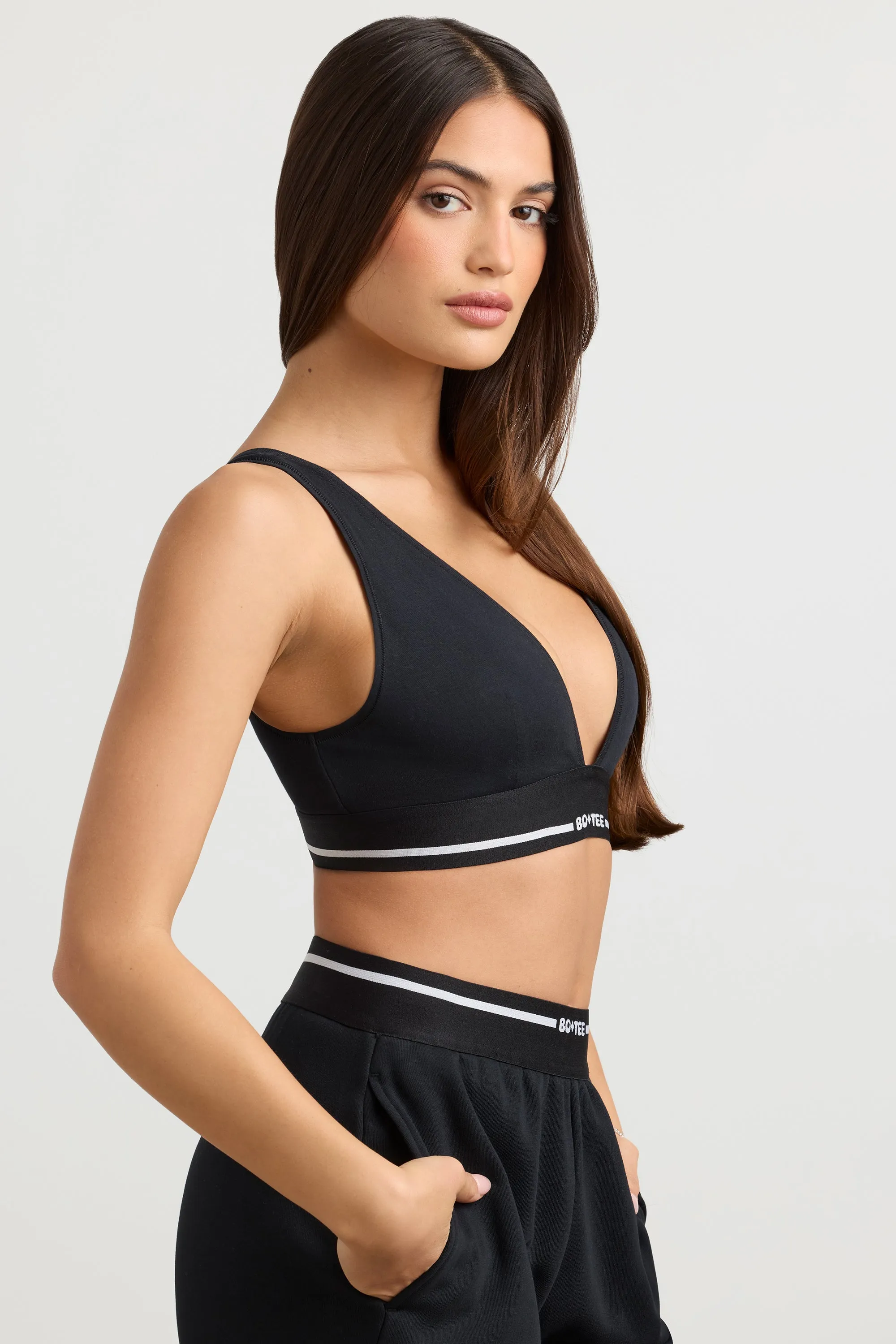 Stretch Cotton Jersey Plunge-Neck Crop Top in Black sold by Oh Polly product image thumbnail 3
