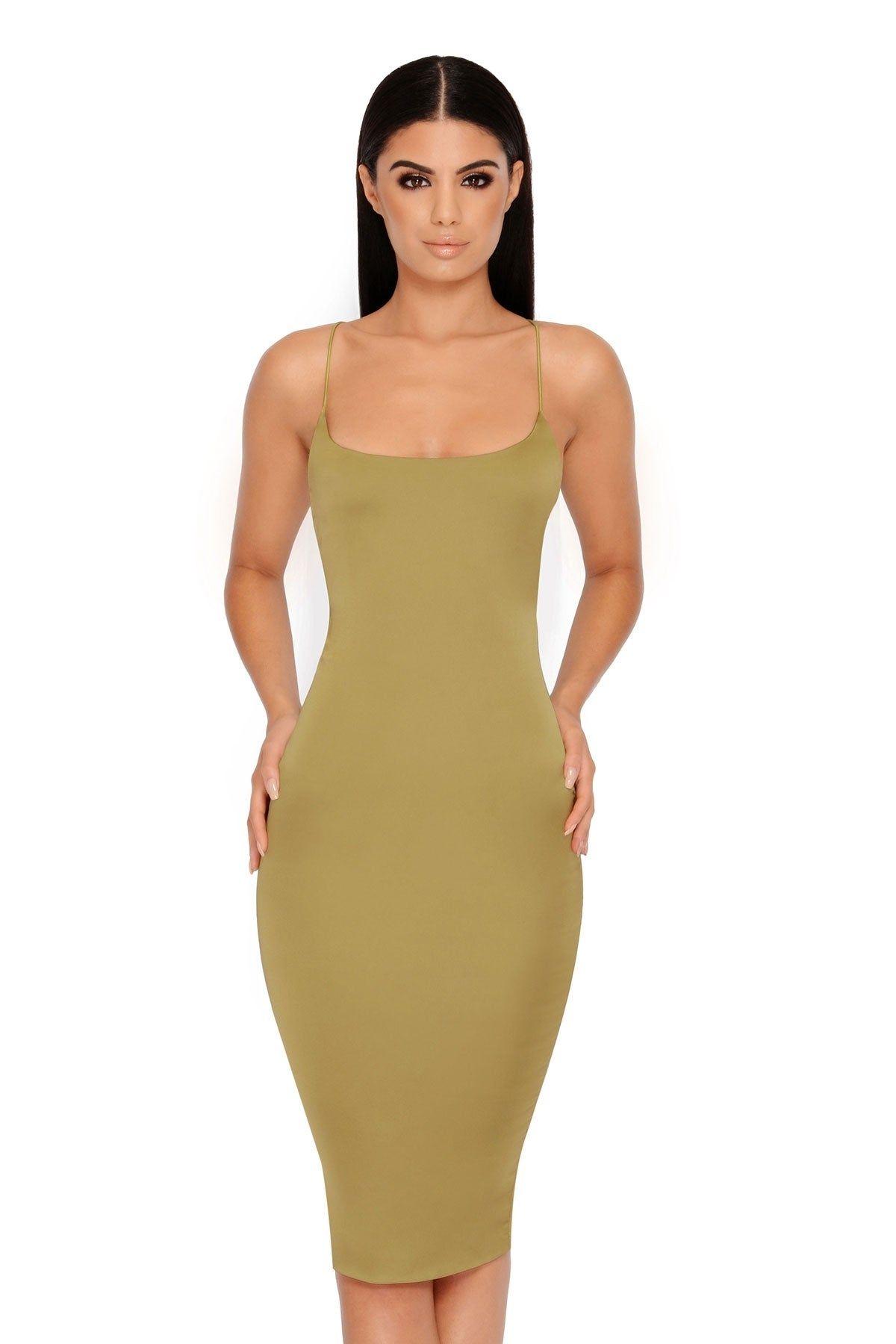 Feelin' Myself Strappy Satin Midi Dress in Olive sold by Oh Polly product image thumbnail 2