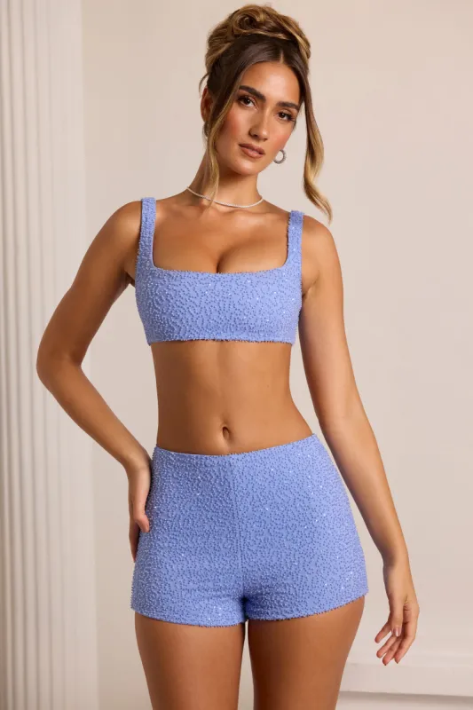 Embellished High Waist Hot Pant Shorts in Powder Blue sold by Oh Polly