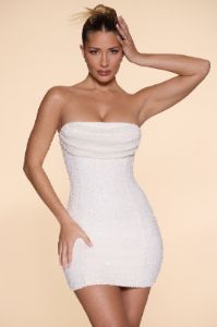Embellished Strapless Cowl Neck Mini Dress in Ivory sold by Oh Polly