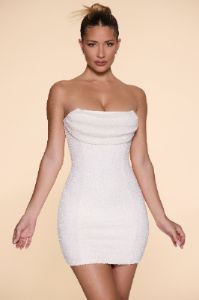 Embellished Strapless Cowl Neck Mini Dress in Ivory sold by Oh Polly