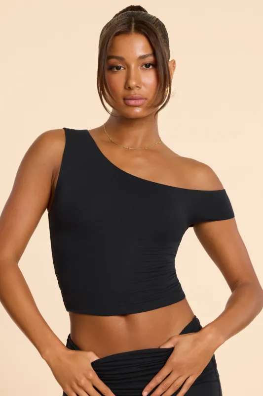 Asymmetric Neck Ruched Modal Cashmere Blend Top in Black sold by Oh Polly