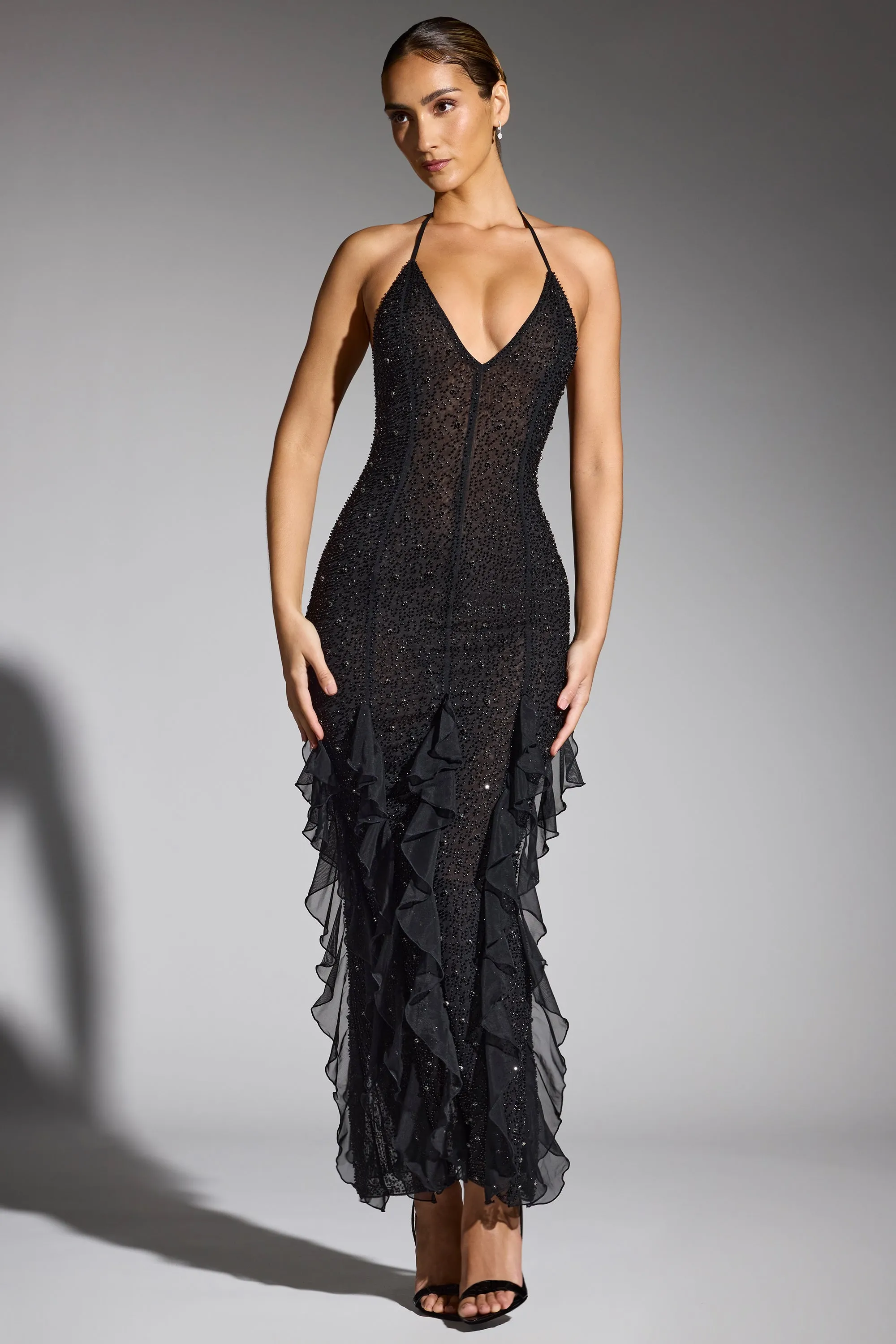 embellished halter neck ruffle maxi dress in black Anaya Halter neck ruffle maxi dress in black