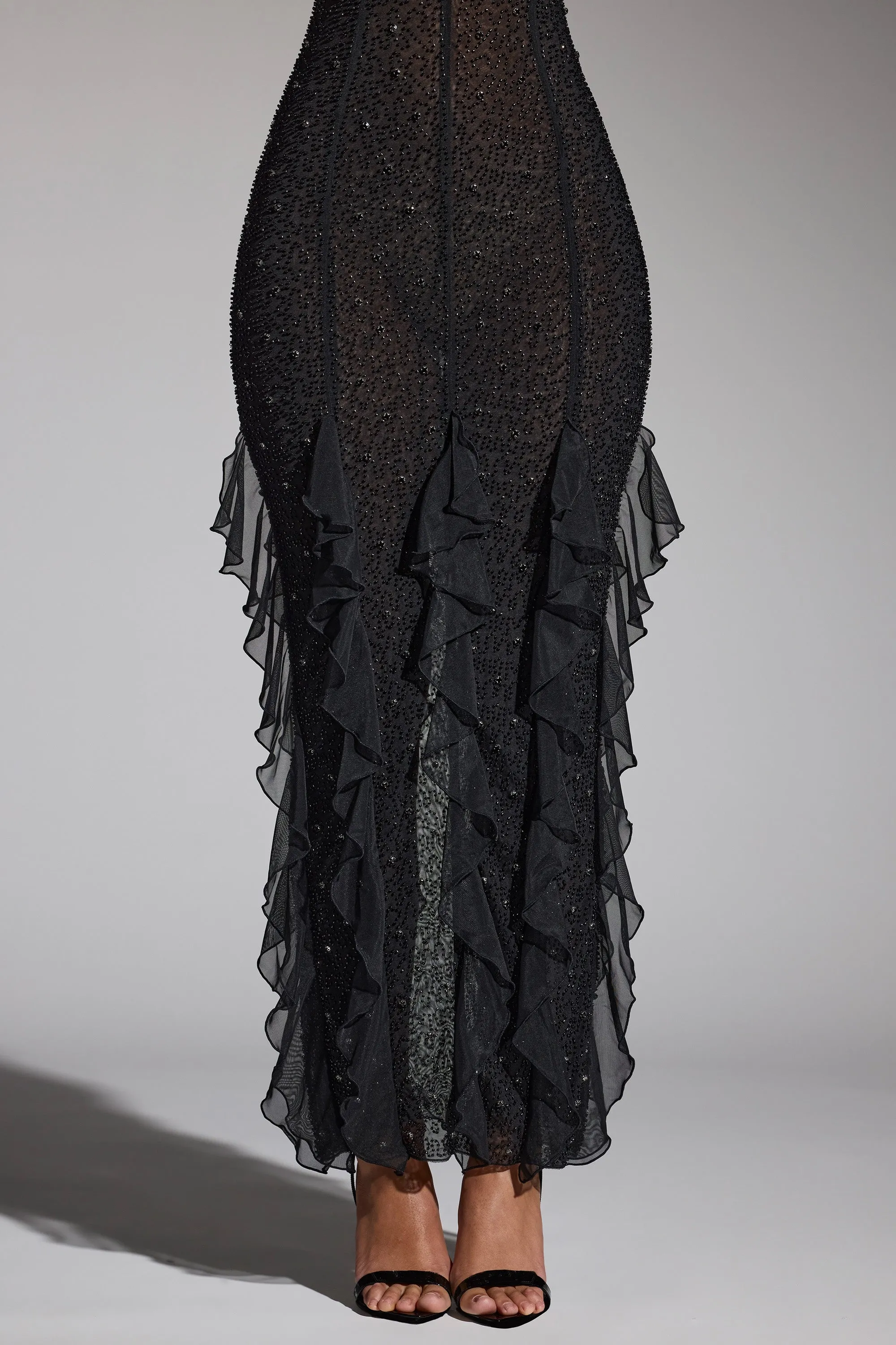 slim fit dress slacks Embellished Plunge Halter Neck Evening Gown in Black - 4