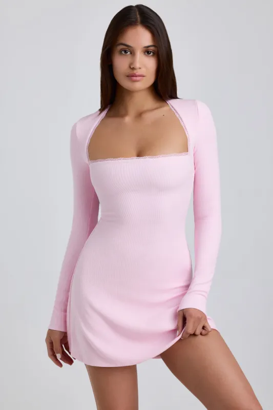 Ribbed Modal Lace-Trim Mini Dress in Blossom Pink sold by Oh Polly