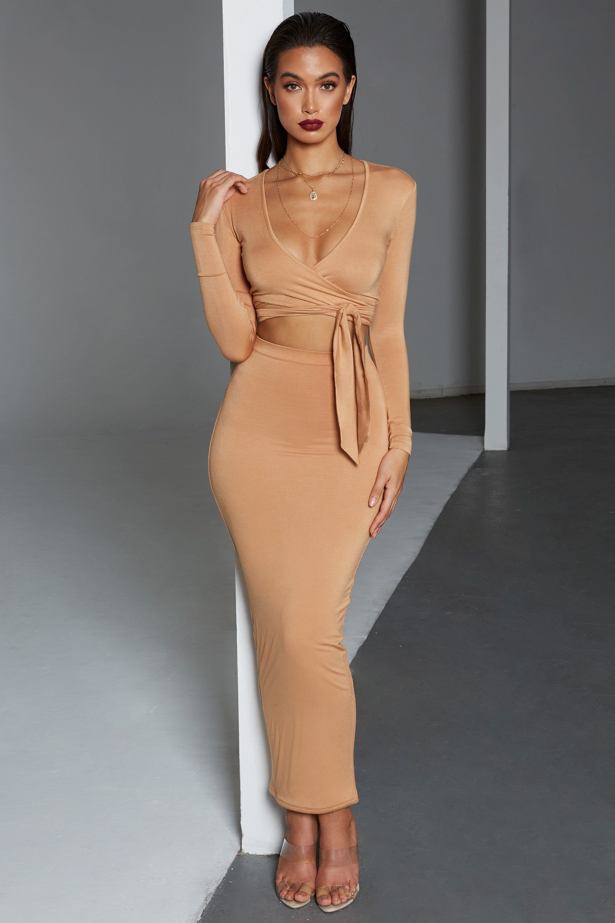 Tie Your Luck Cropped Wrap Top in Camel sold by Oh Polly product image thumbnail 2