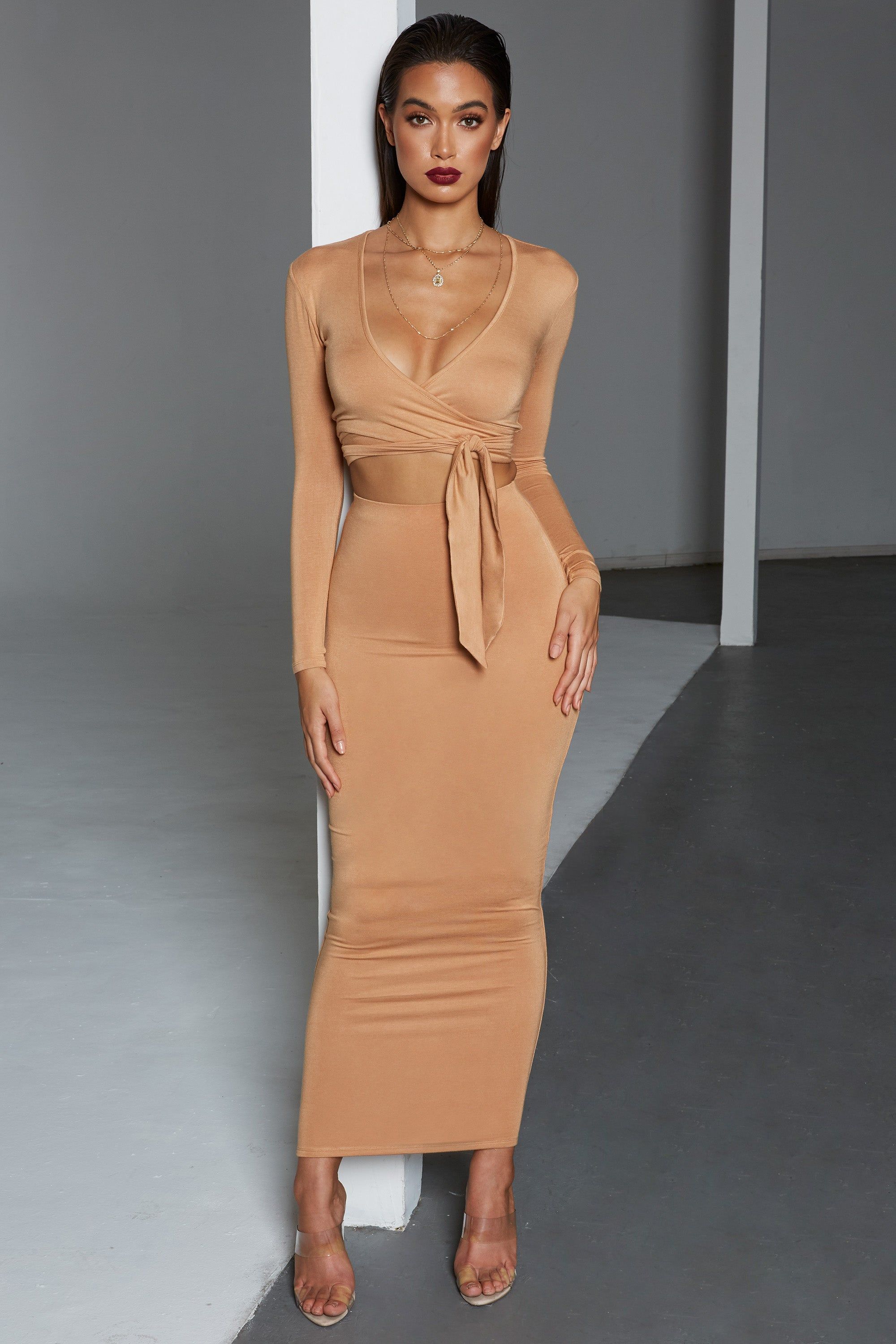Tie Your Luck Cropped Wrap Top in Camel sold by Oh Polly