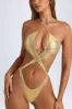 Cut-Out Halterneck Swimsuit in Metallic Gold sold by Oh Polly