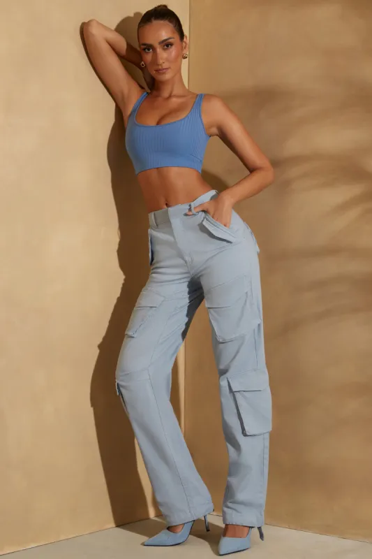 High Waist Wide Leg Cargo Trousers in Light Blue sold by Oh Polly