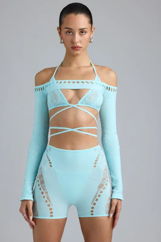 Embellished Cropped Shrug in Ice Blue sold by Oh Polly